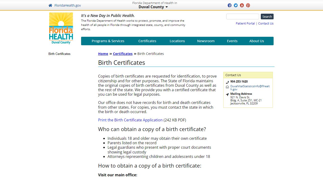 Birth Certificates | Florida Department of Health in Duval